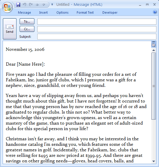 E-mail Message: Sales Letter To Past Customer