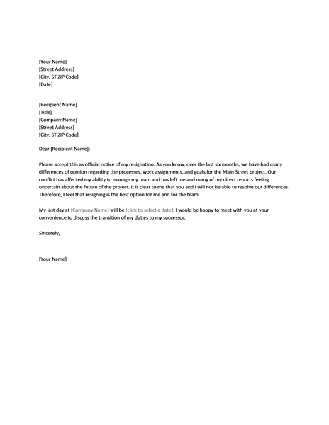 Resignation Letter Templates Samples Due To Conflict